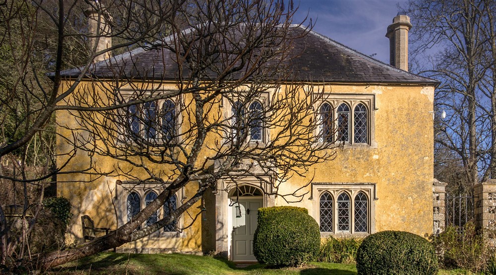 The exterior of Newark Lower Lodge in winter, Gloucestershire at Newark Lower Lodge in Wotton-under-edge, Gloucestershire