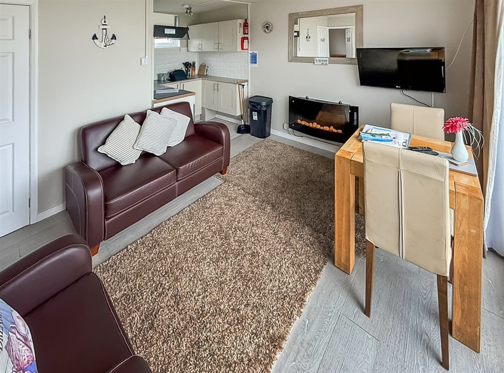 Open plan living space at No 5 Barton Chalet in California, near Great Yarmouth, Norfolk