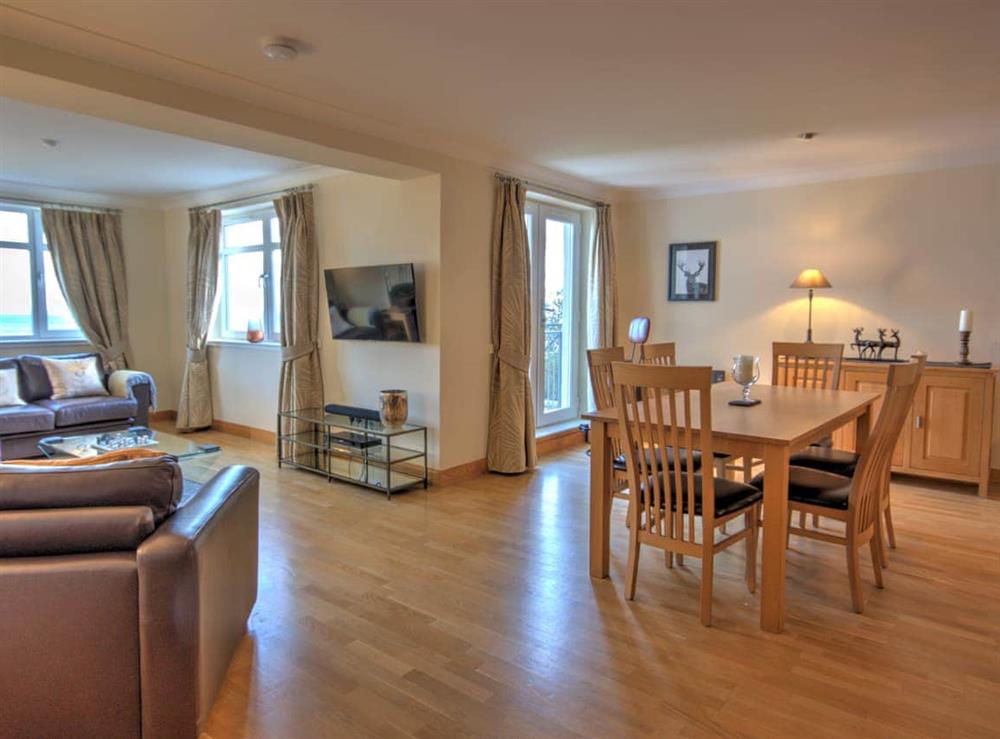 Open plan living space at No.10 The Links Apartments in Brora, Sutherland