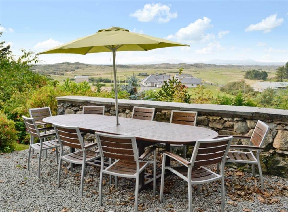Outdoor dining area at Noddfa in Harlech, Gwynedd., Great Britain