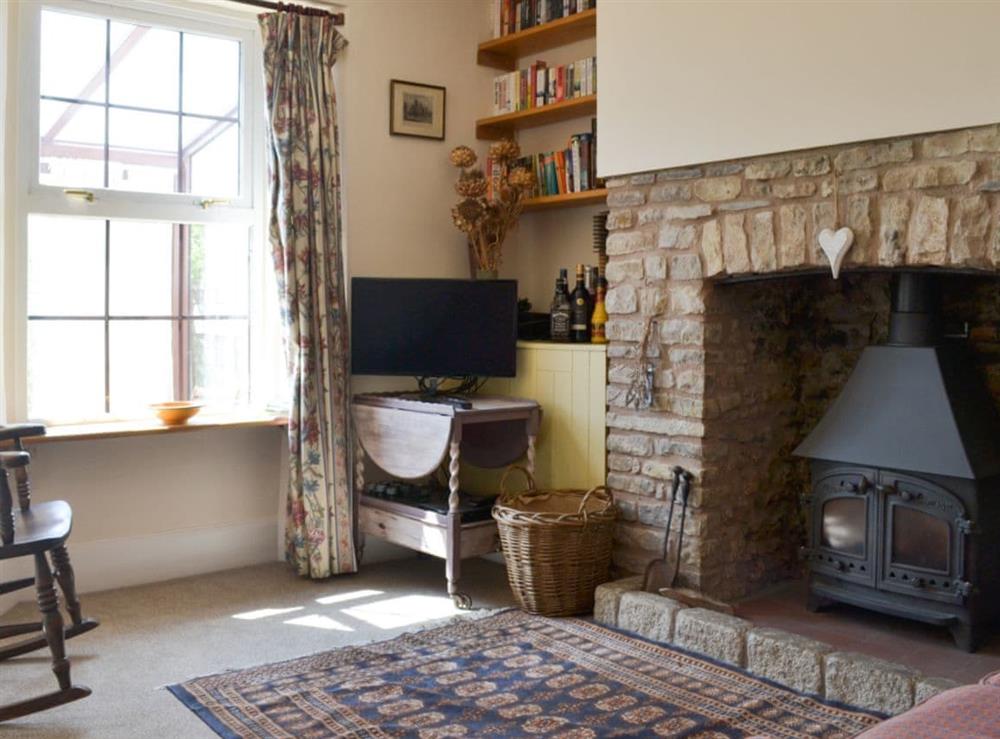 Living room with wood burner at North Bank in Wookey Hole, near Wells, Somerset