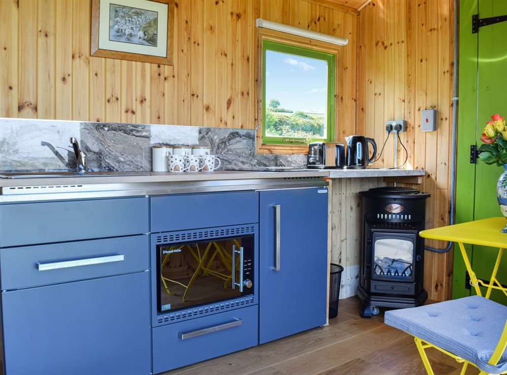 Kitchen area at North Moor Farm Shepherds Hut in Upper Heaton, Huddersfield, West Yorkshire