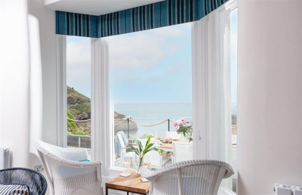 Bay window looking out to sea at Northcliffe, Port Isaac