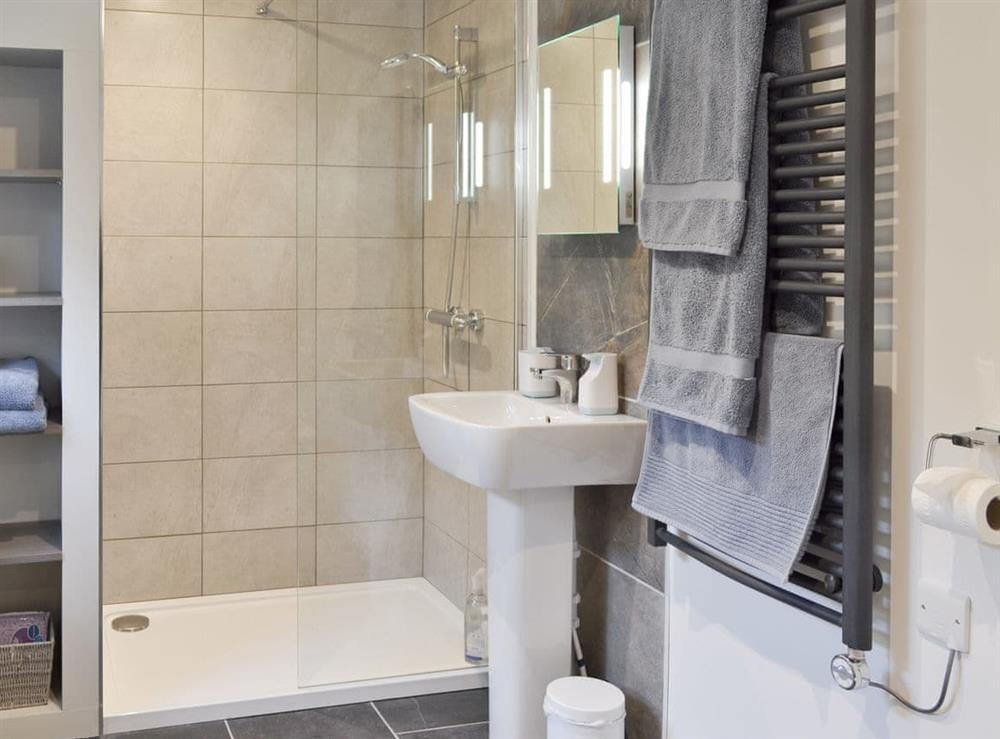 Shower room with heated towel rail at Number 19 in Trewellard, near St Just, Cornwall