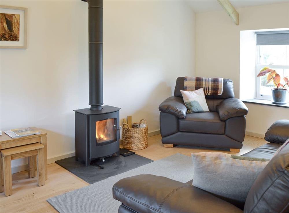 Warming wood burner within living area at Number 19 in Trewellard, near St Just, Cornwall