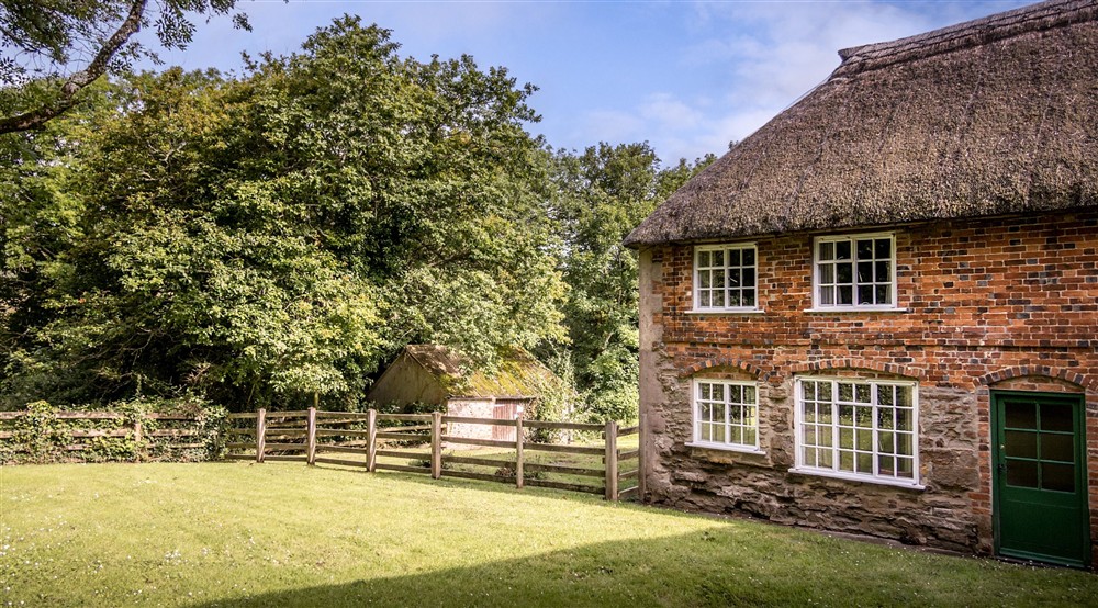 Beech Cottage has a thatched roof and a shared rear garden with lawn and fence, Dorset at Oak Cottage in Bridport, Dorset