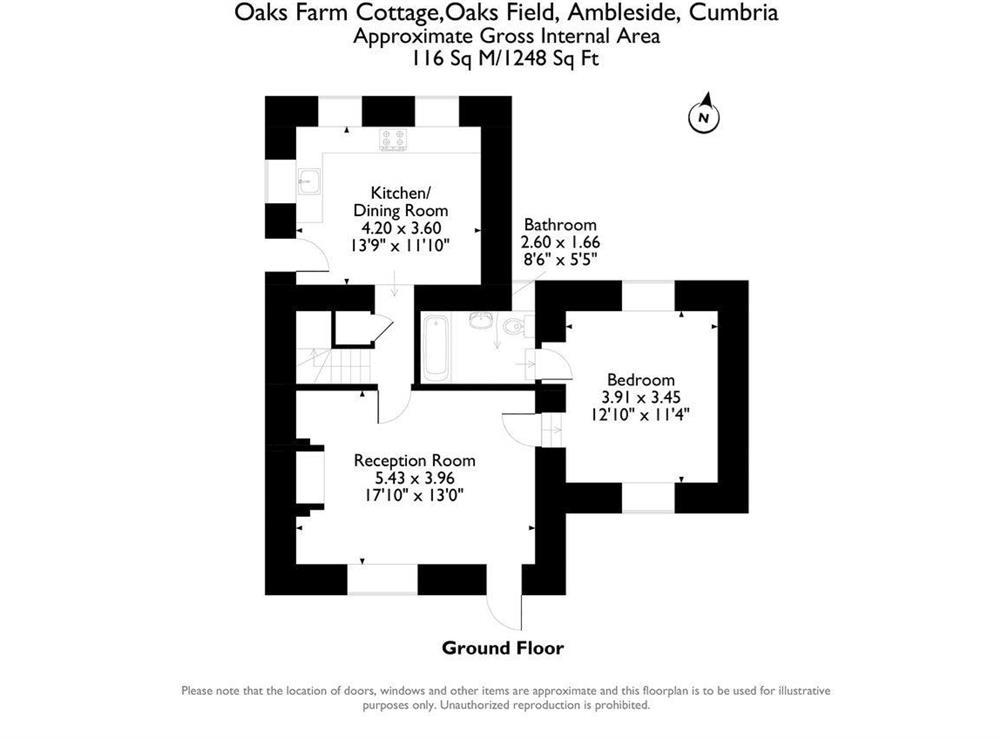 Floor plan of ground floor at Oaks Farm Cottage in Ambleside, Cumbria., Great Britain