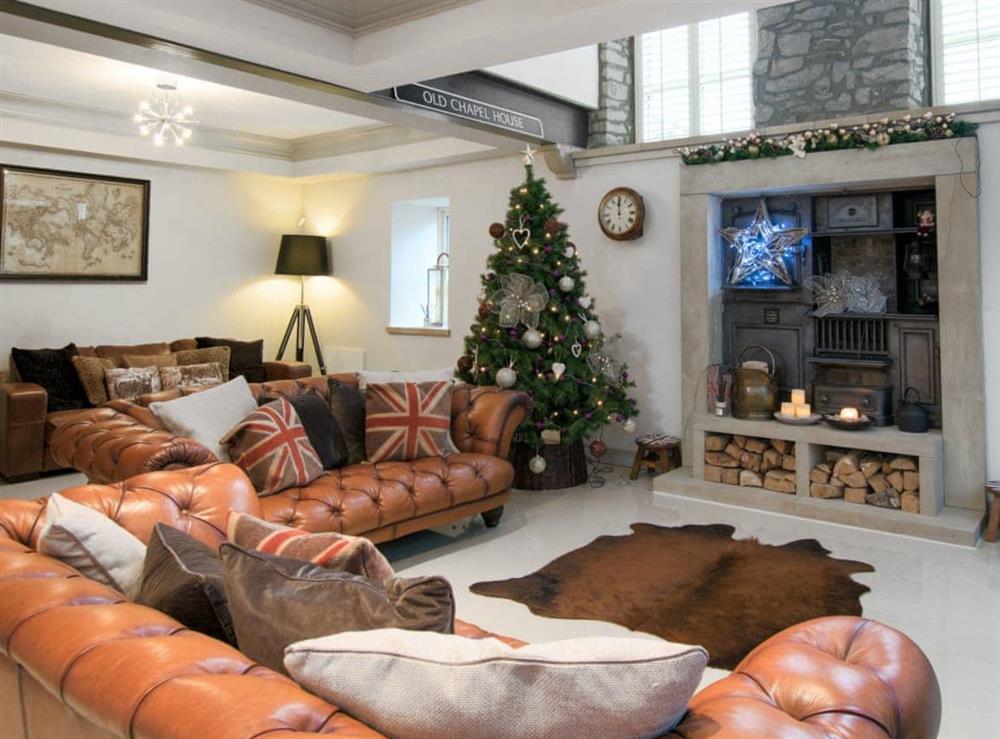 Comfortable, homely living area at Christmas at Old Chapel House in Barnoldswick, Lancashire