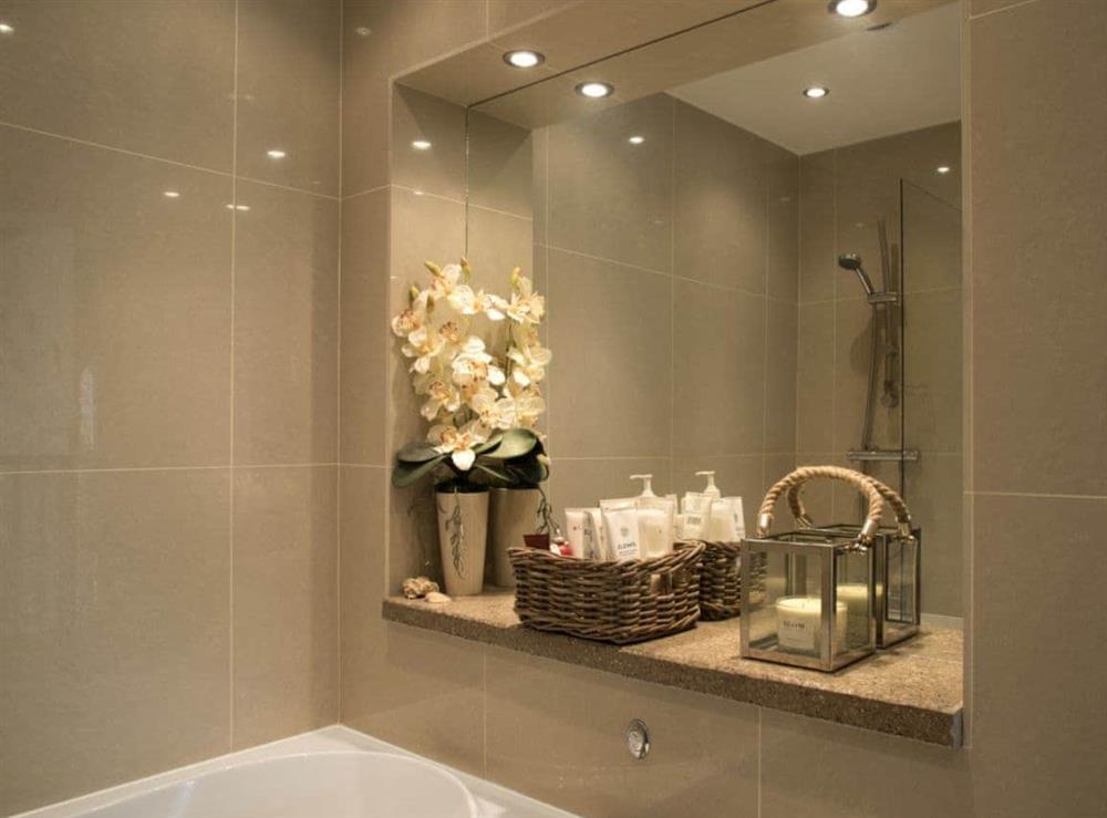 Luxurious family bathroom with shower over bath at Old Chapel House in Barnoldswick, Lancashire