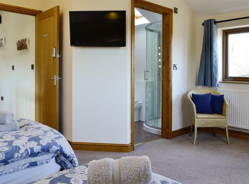 Wall mounted TV within en-suite twin bedroom at King Offa Lodge, 