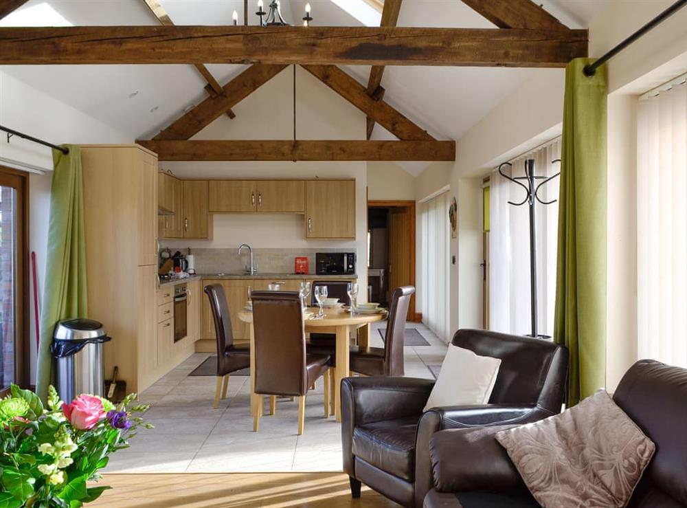 Exposed wood beams throughout the living areas at Little Hendre Lodge, 