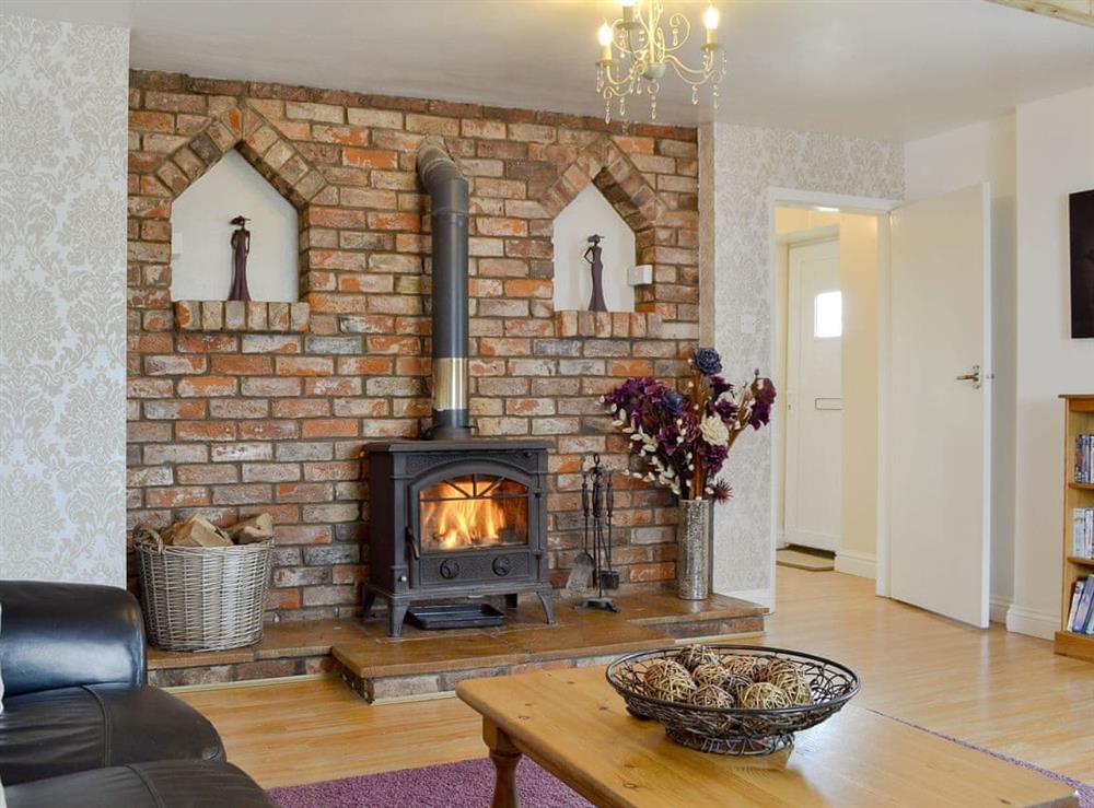 Warm and cosy sitting room with wood burner at Old Low Farm Cottage in Aldbrough, near Hornsea, North Humberside