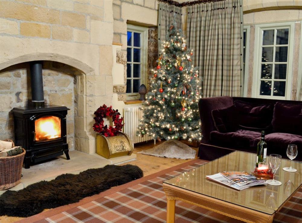 Living room tastefully decorated for Christmas at Old Reading Room in Thimbleby, near Osmotherley, N. Yorks. , North Yorkshire