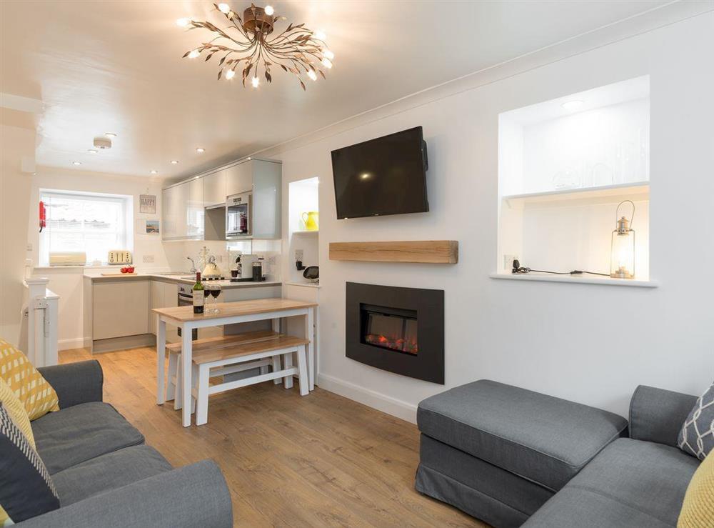 Open plan living space at One Beckside in Staithes, near Whitby, Yorkshire, North Yorkshire