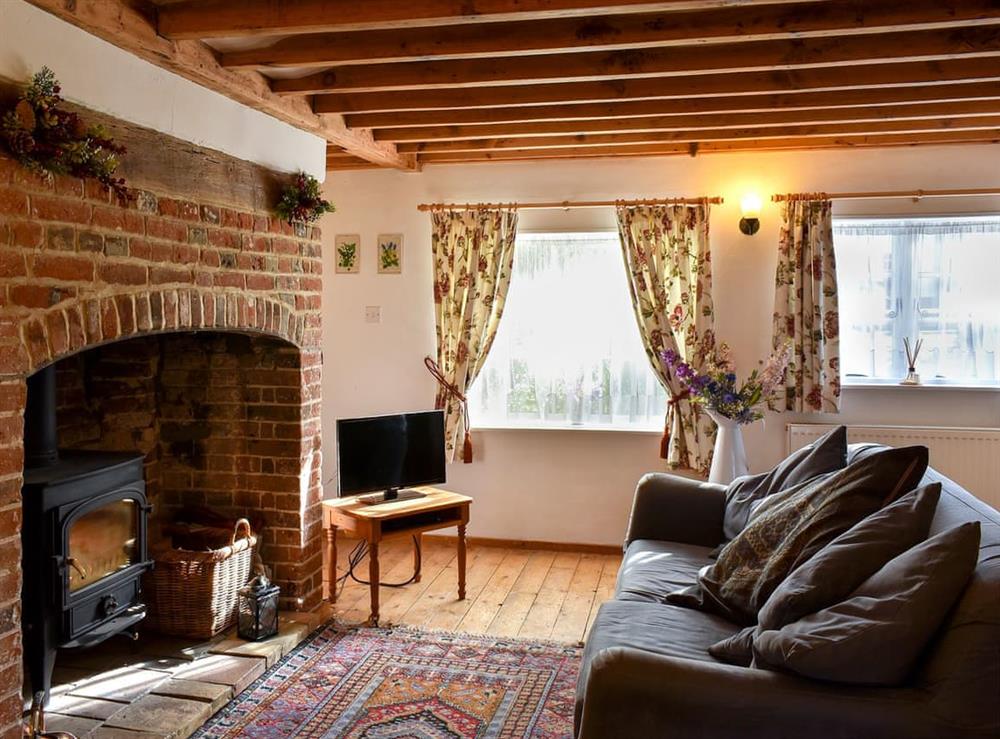 Cosy living room with a wood burner (photo 2) at One Well Cottage in Holton, near Halesworth, Suffolk