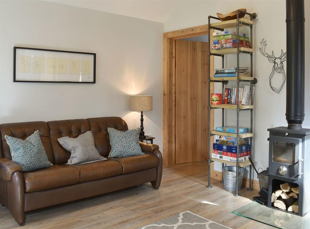 Comfy living area with cosy wood burner at Orchard End in Colne, near Huntingdon, Cambridgeshire