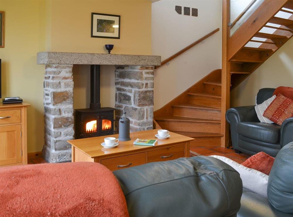 Cosy living room with wood burner at Orchard Cottage, 