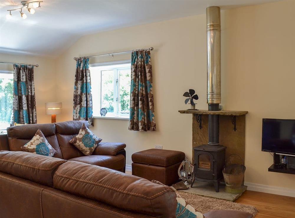 Spacious open plan living area with wood burner at Oriels Retreat in Ashworth Valley, near Bury, Lancashire