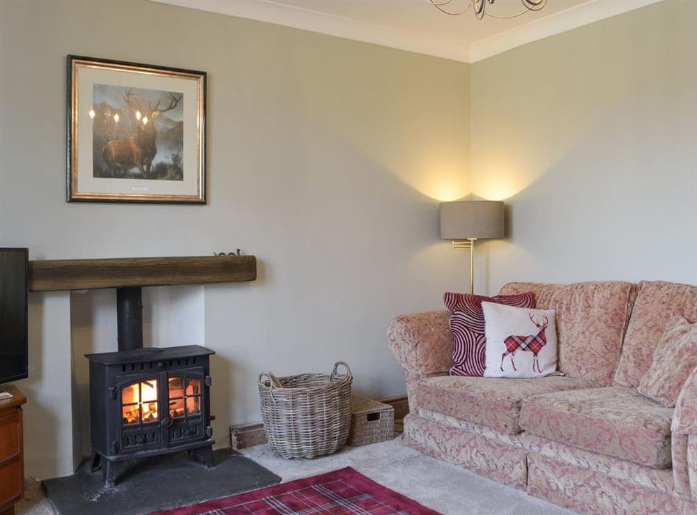Living room with wood burner at Orrest View in Windermere, Cumbria