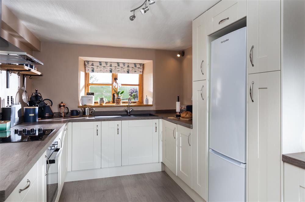 The kitchen with views of the valley at Owl Cottage, Llanwrda