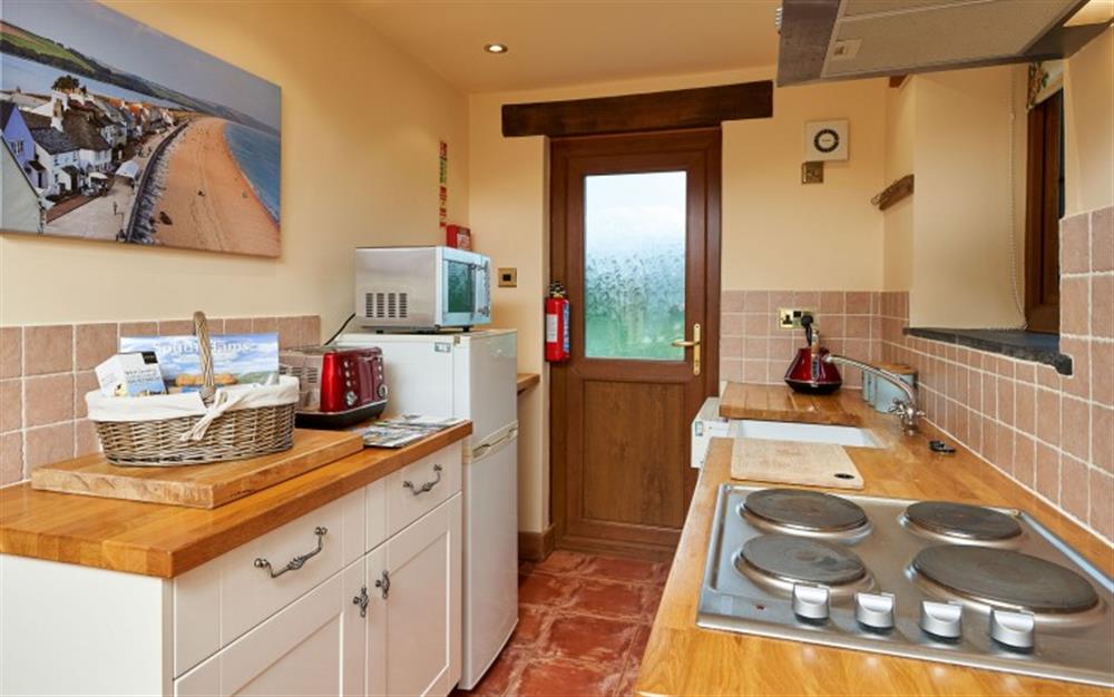Another view of the kitchen and door the terrace. at Owlacombe Cottage in Slapton