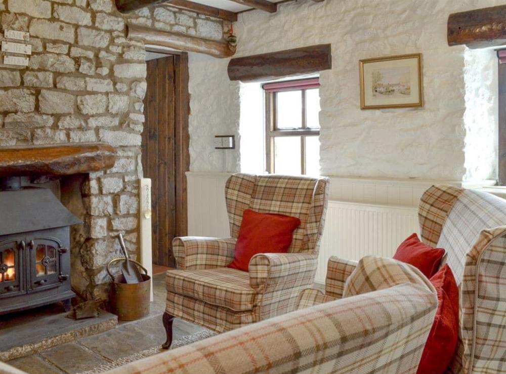 Comfy living room with cosy wood burner at Oxlow End Cottage in Peak Forest, Buxton, Derbyshire