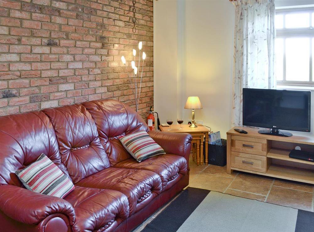 Lounge area with exposed-brick feature wall at Padgett Lodge in Muston, Filey, North Yorkshire