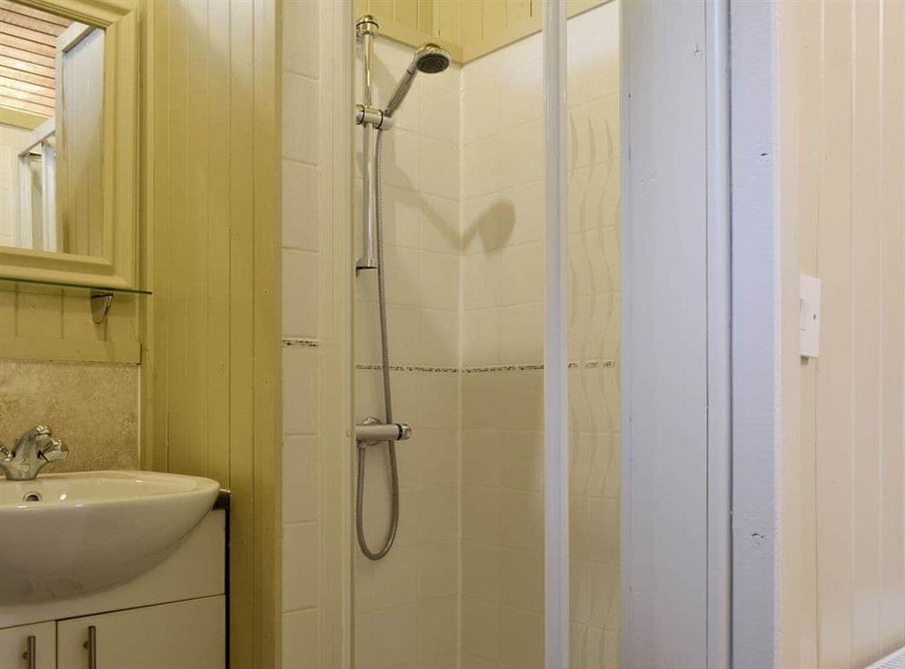 En-suite shower room with twin sinks at Pampita Lodge in Beverley, North Humberside
