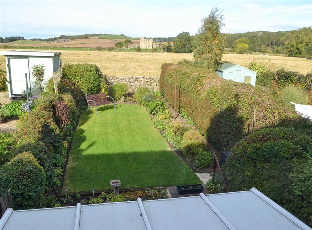 View over garden from upstairs at Pantiles Cottage in Belford, Northumberland