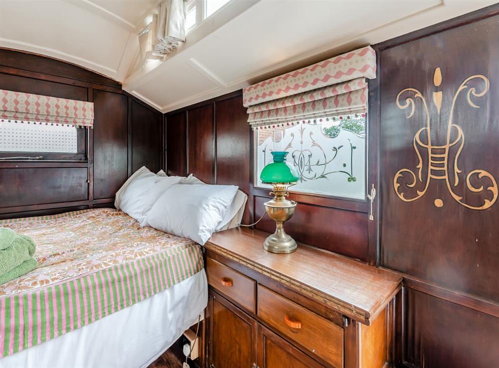 Double bedroom in the Showman’s Wagon at Peaceful Travelers Rest in Marshchaple, near Louth, Lincolnshire