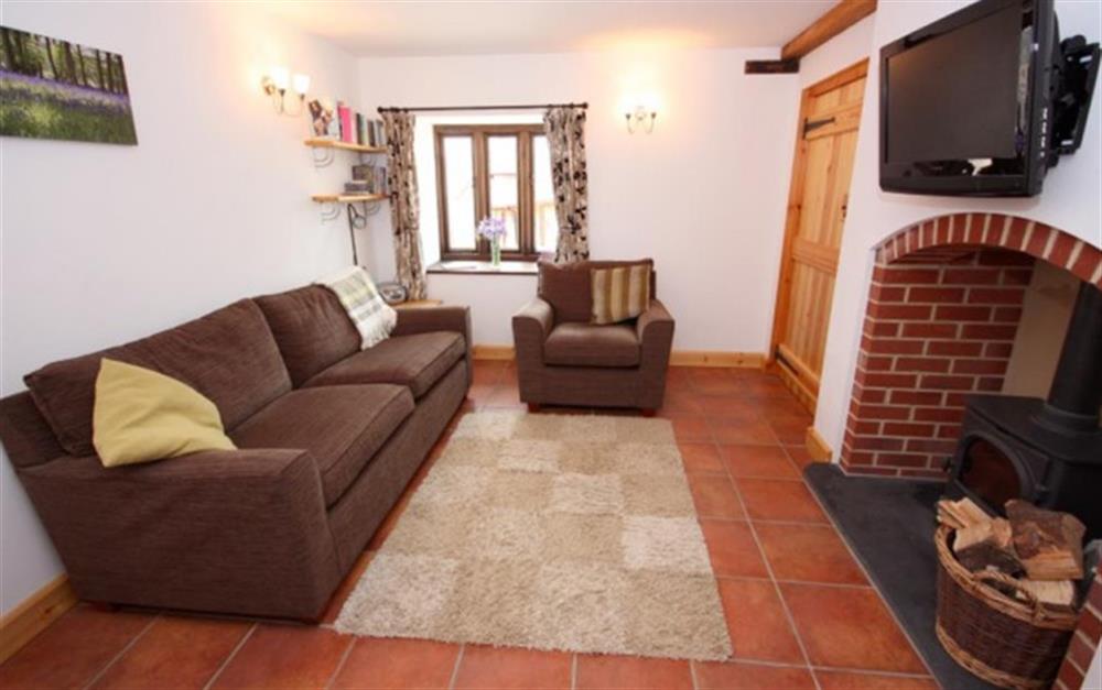 The lounge area with woodburner and TV/DVD at Pear Tree Cottage in Honiton