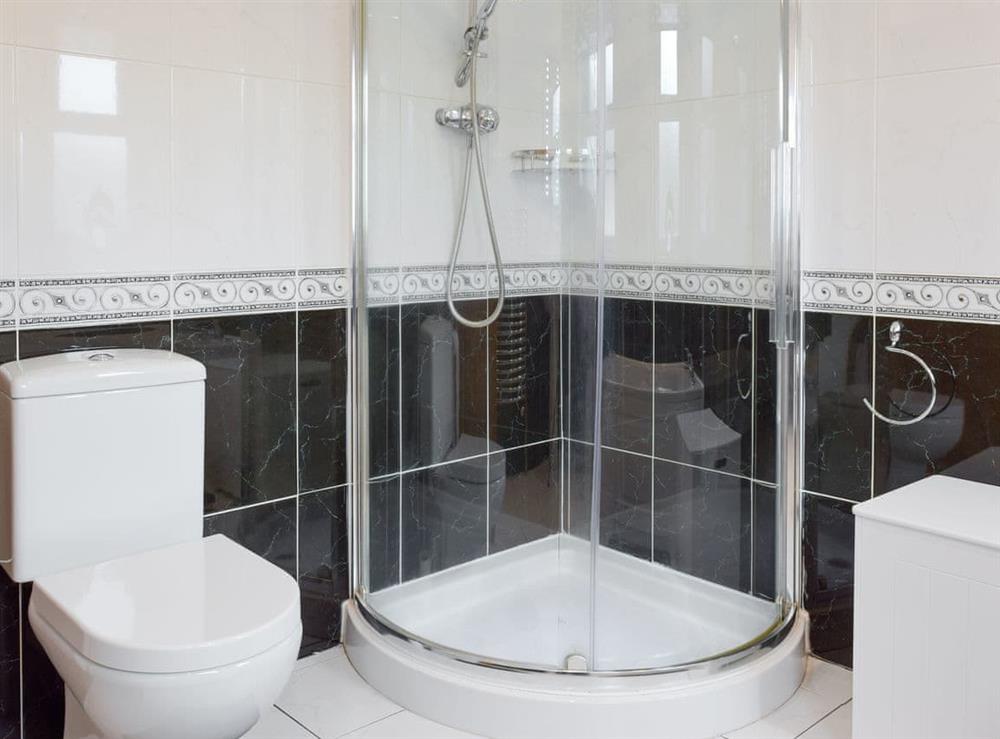 Family bathroom with shower cubicle and separate Jacuzzi bath at Pebble Reach in Amroth, near Saundersfoot, Pembrokeshire, Dyfed