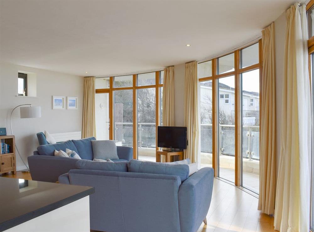 Living area with large windows at Pebbles, Horizon View in Westward Ho!, Devon