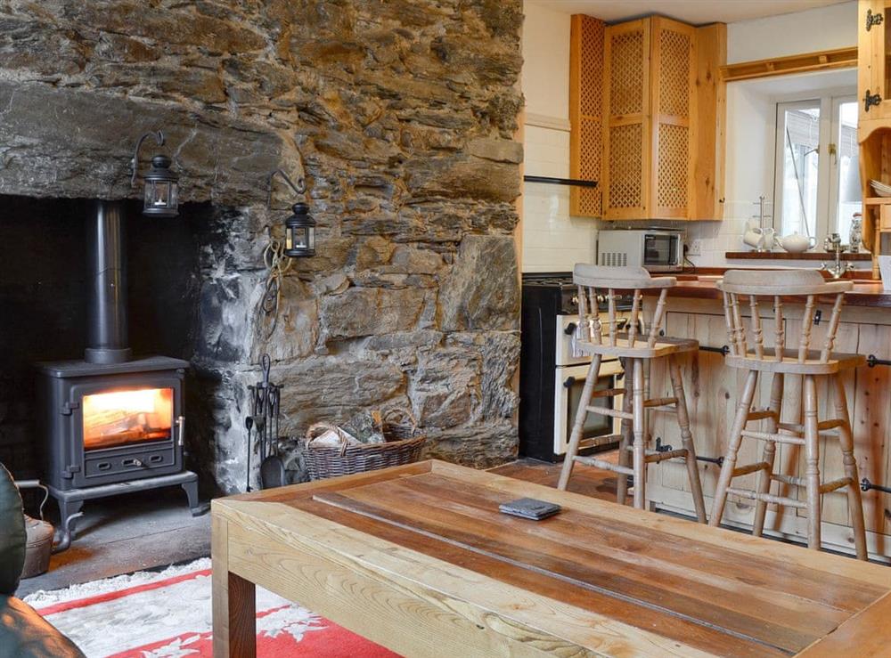 Living room with wood burner at Pen Glan in Penmaenpool, near Dolgellau, Gwynedd