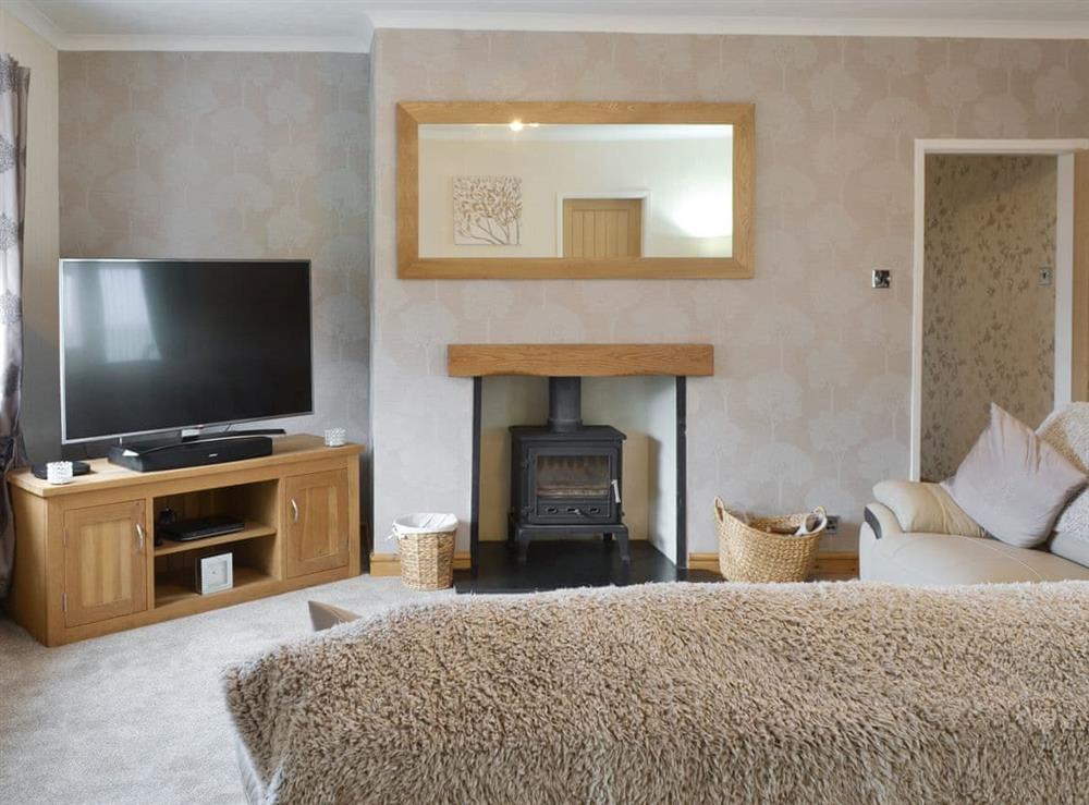 Stylish living room with wood burner at Pen Parc in Rhosybol, near Amlwch, Anglesey, Gwynedd