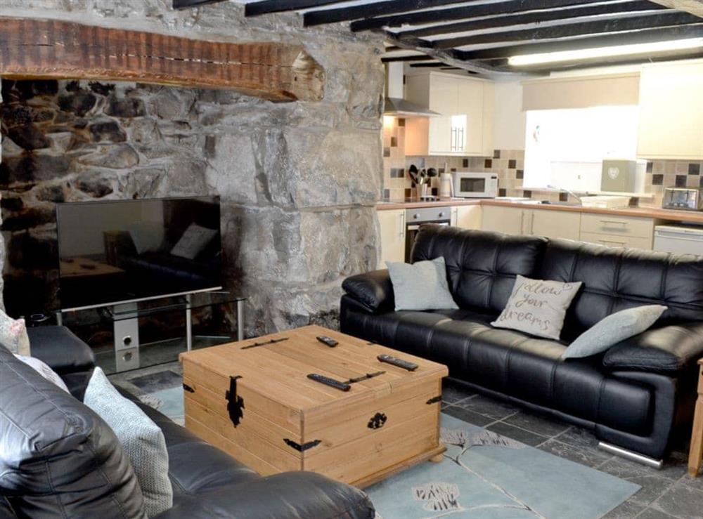 Comfortable living room/ kitchen, beamed ceiling at Pendref in Trawsfynydd, near Blaenau Ffestiniog, Gwynedd