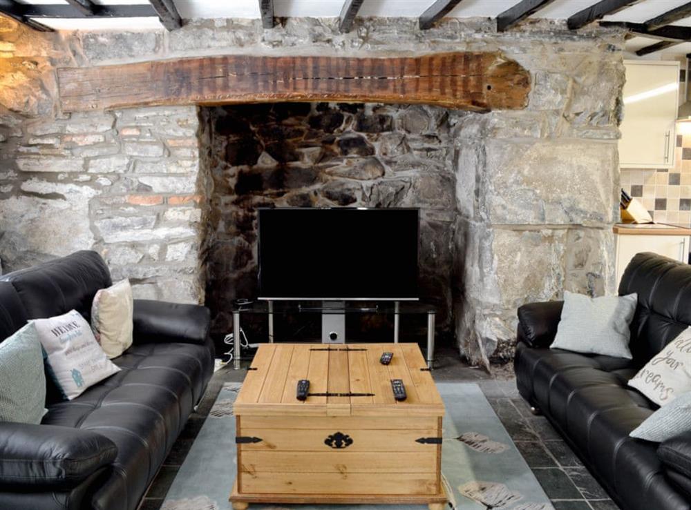 Cosy living room/ kitchen, beamed ceiling at Pendref in Trawsfynydd, near Blaenau Ffestiniog, Gwynedd