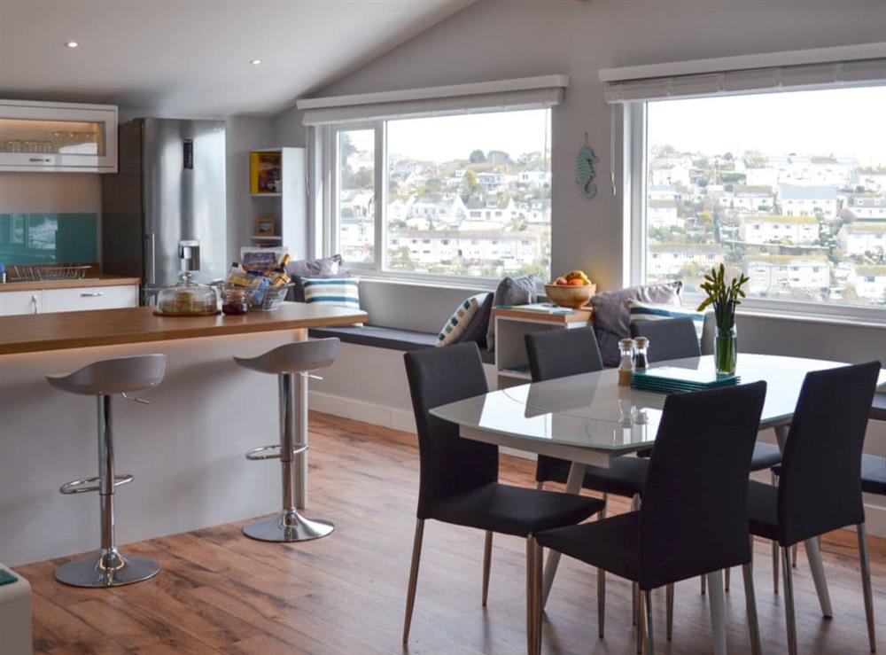 Open plan living space at Penfose Apartment in Mevagissey, Cornwall