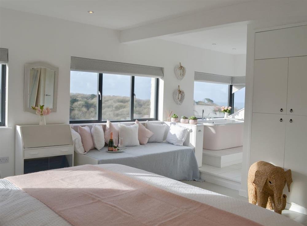 Window seat/day bed with panoramic views at Pengwyn in Trethevy, near Tintagel, Cornwall