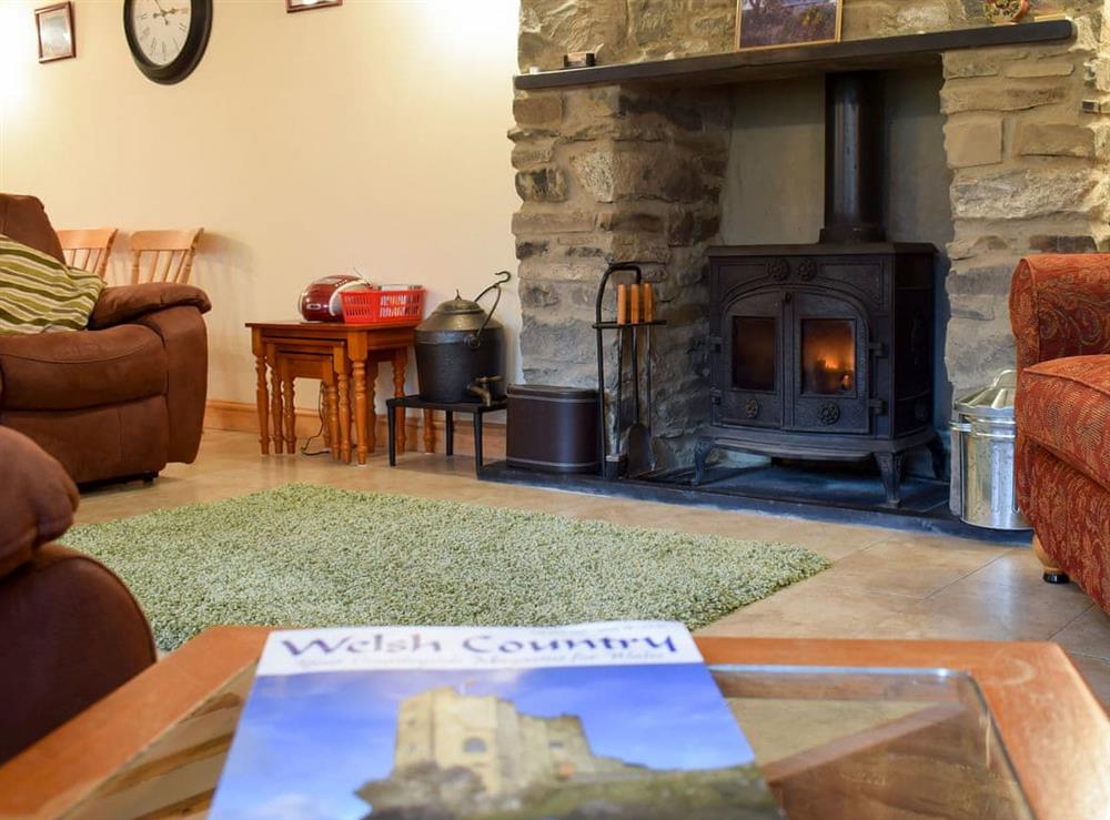 Cosy living area with wood burner at Penrhiw, 