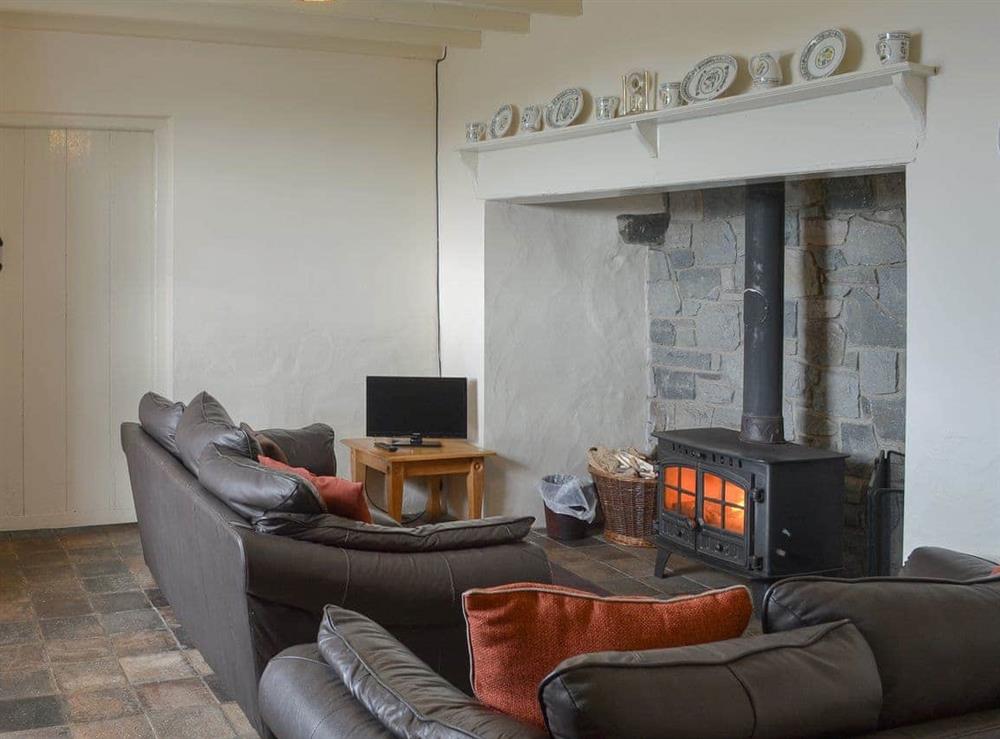 Living room with a cosy wood burner at Penrhyn Mawr in Pwllheli, Gwynedd