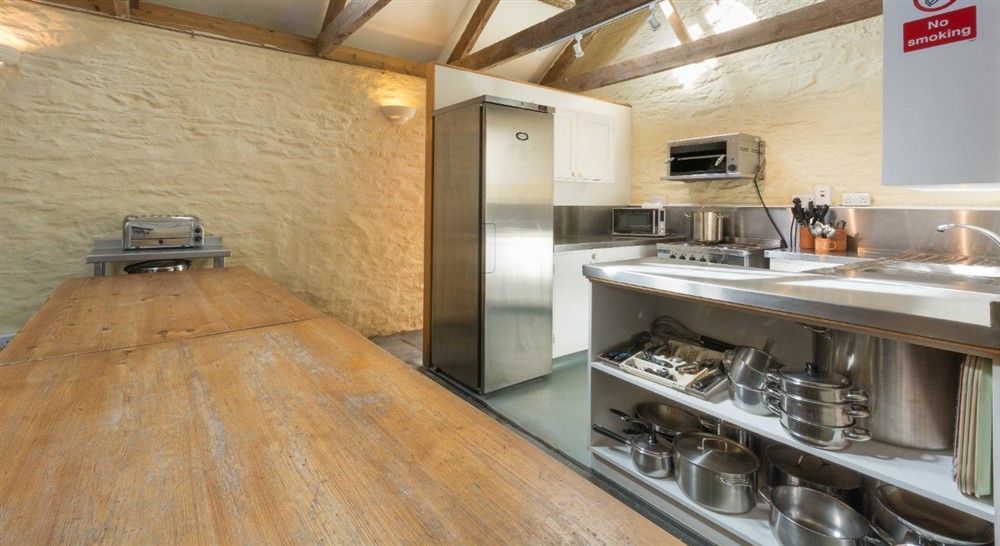 The kitchen at Penrose Bunkhouse in Helston, Cornwall
