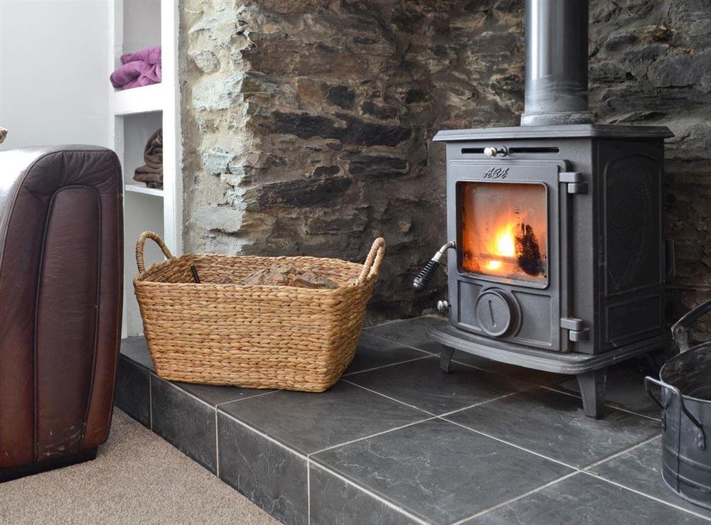 Wood-burner in heritage fireplace at Penteryfn in near Holyhead, Isle of Anglesey, Gwynedd