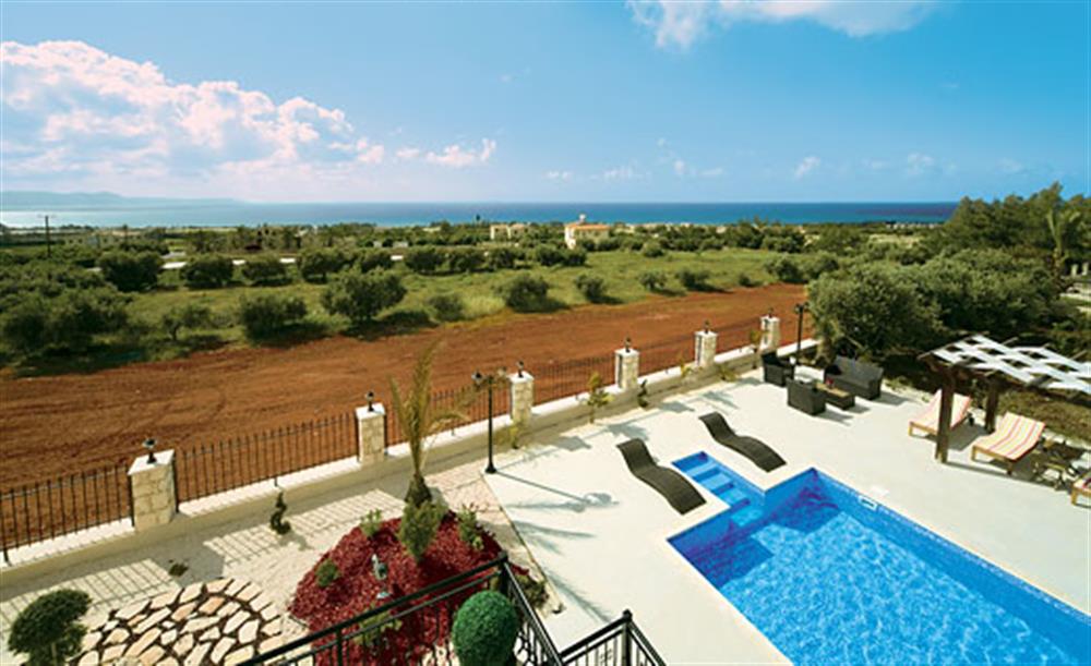 Views over the pool to the sea at Petrides Villa, Argaka, Cyprus