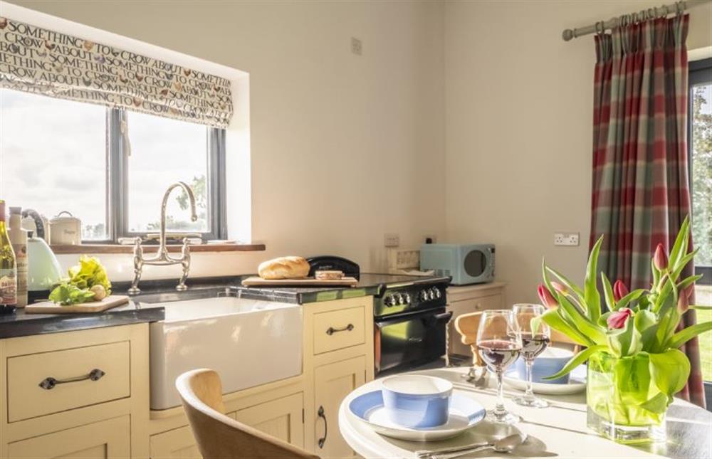 Kitchen with electric oven and hob, fridge with icebox, microwave, and Nespresso coffee machine at Pettingalls Farm Cottage, Deopham Green near Wymondham