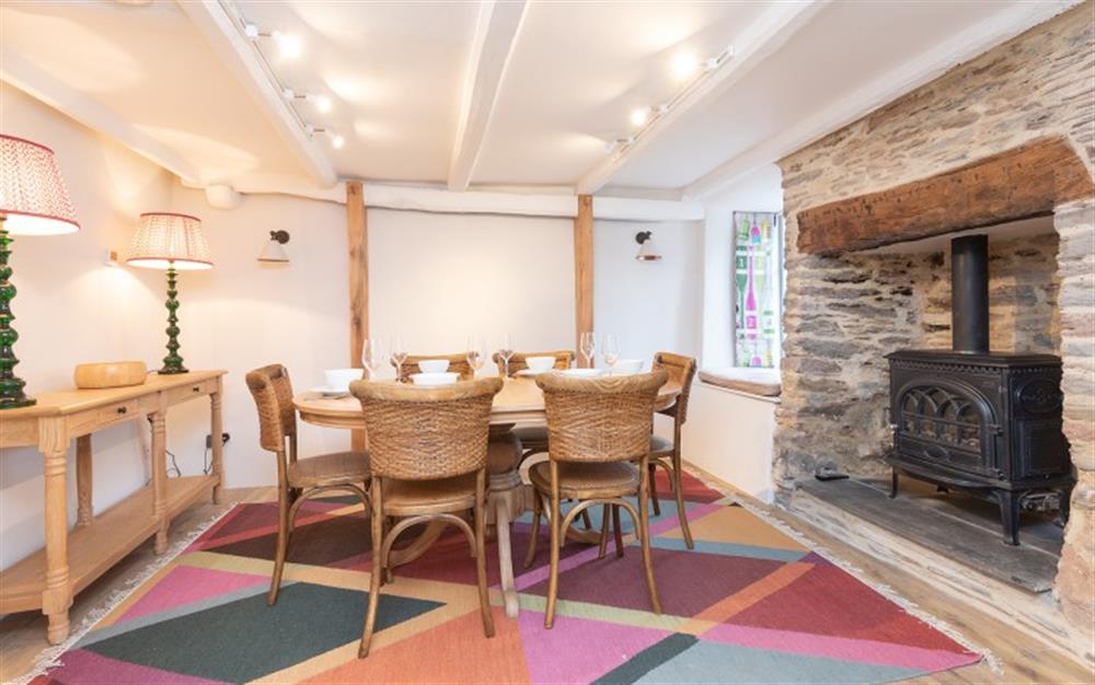The dining area  at Pink Cottage in Noss Mayo
