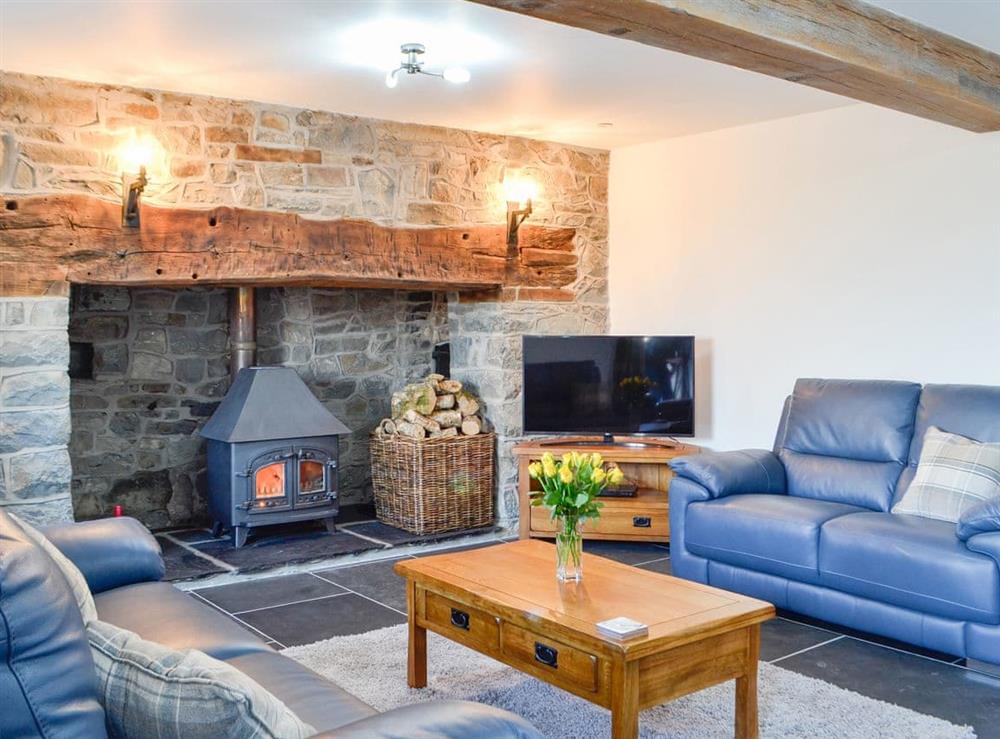 Living room with warming woodburner at Pistyll Gwyn in Llanwrthwl, near Rhayader, Powys