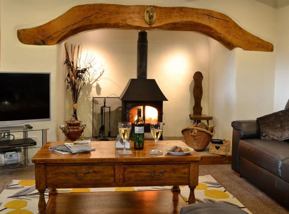 Cosy living room with wood burner at Plas Iwrwg Granary in Maenan, near Llanrwst, Gwynedd