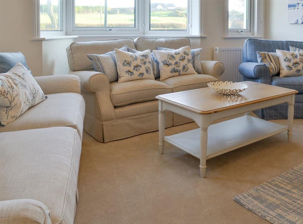 Ample comfy seating in living room at Plas Lodge in Rhosneigr, near Holyhead, Gwynedd