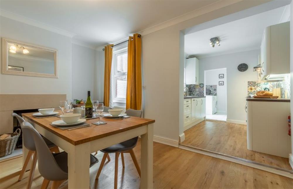 Ground floor: Dining room looking into kitchen at Plum Cottage, Overstrand near Cromer